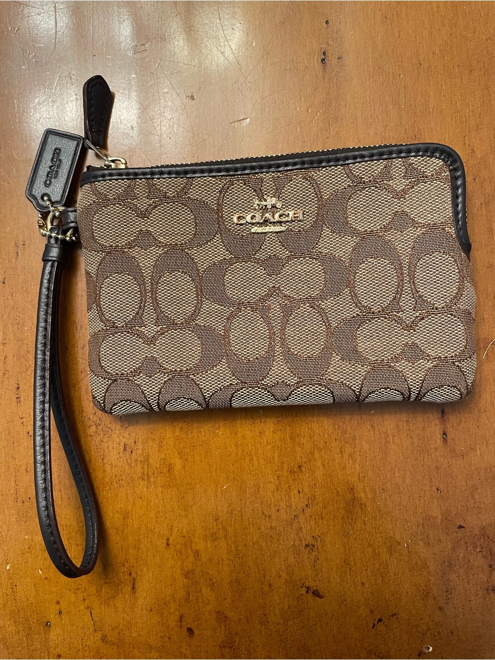 Coach corner zip Wristlet in signature jacquard khaki brown